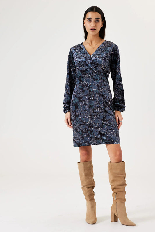 Garcia Winter Faux Wrap Short Dress  - Black/Blue Print