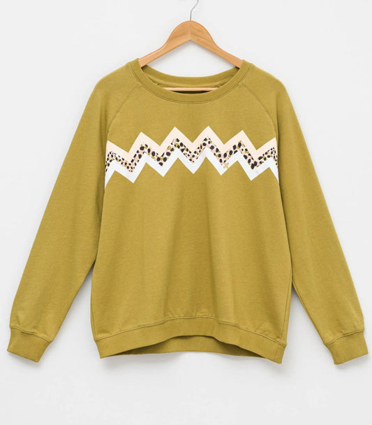 Stella + Gemma Sweater - Grass with chevron stripe