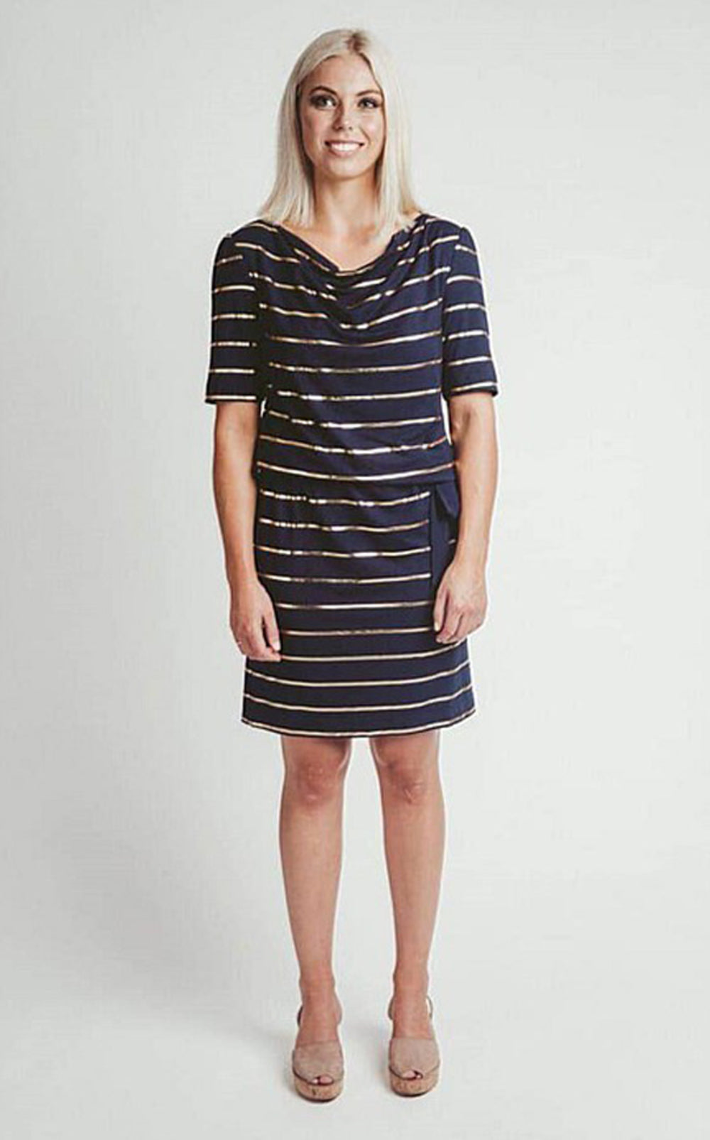 Mi Moso Darcy Dress Navy/Gold foil stripe